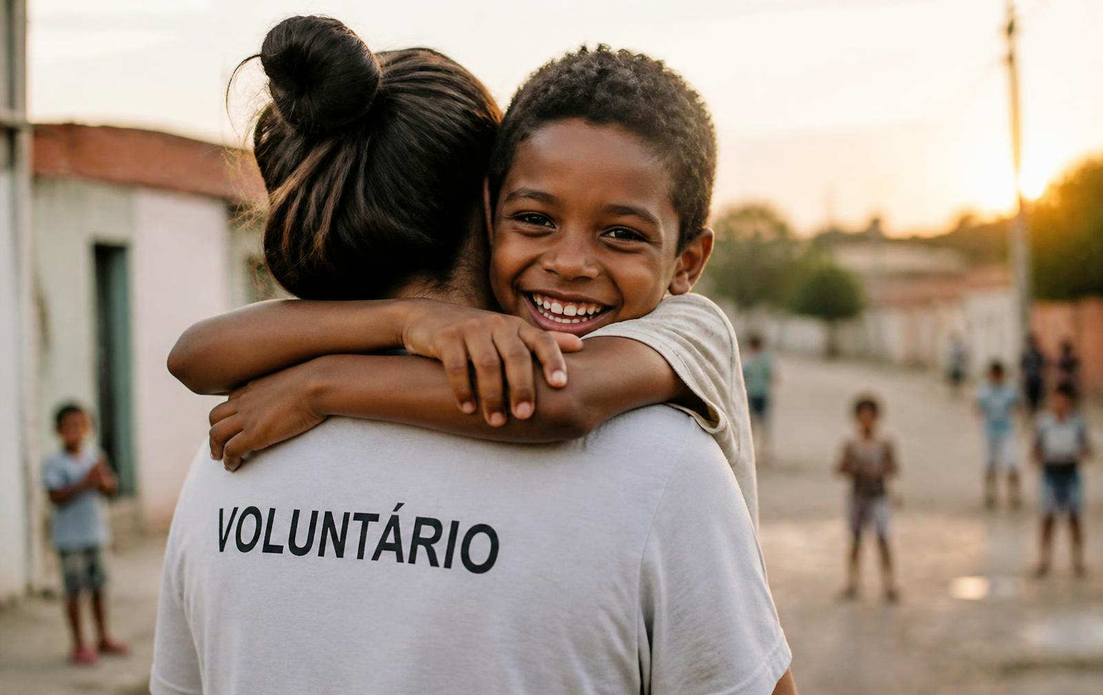 Criança sorrindo abraçando uma voluntária do Projeto Crescer