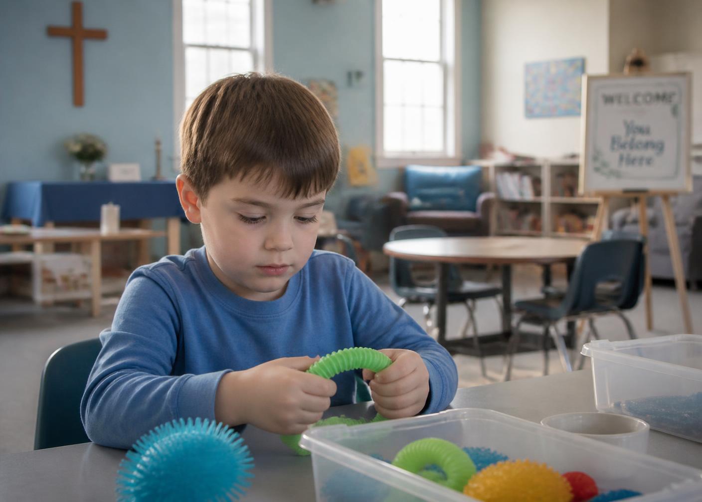 Criança autista brincando com materiais sensoriais em ambiente acolhedor da igreja